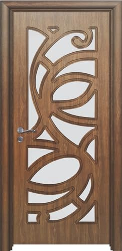 Porta da interno con vetro in materiale HDF di qualità con maniglia in acciaio inox serratura in metallo disponibile in diverse misure colore Noce PIE10 (anta 80x197cm, telaio 28-35cm)