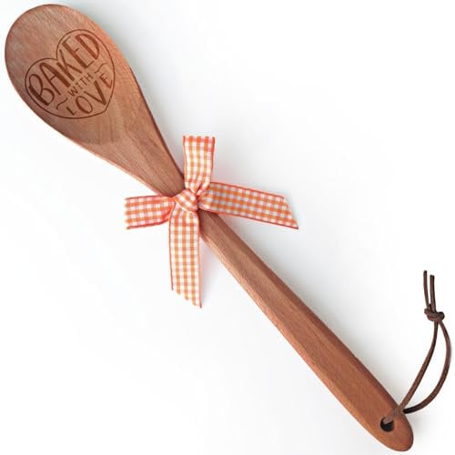 Baked With Love 12-Inch Engraved Large Wooden Mixing Spoon with Heatproof Leather Strap, Novelty Cooking Stirring Long Handle Wood Spoon for Women, Aunt, Mom Mother's Day Kitchen Shower Gift