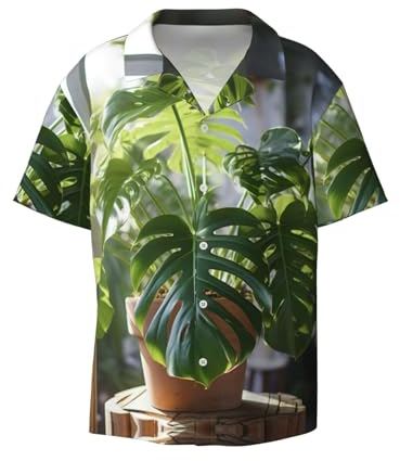 Monstera Deliciosa Banana Palm Herren Freizeithemden Kurzarm Regular Fit Mode Camp Beach Shirts Tops, Schwarz, 3X-Groß