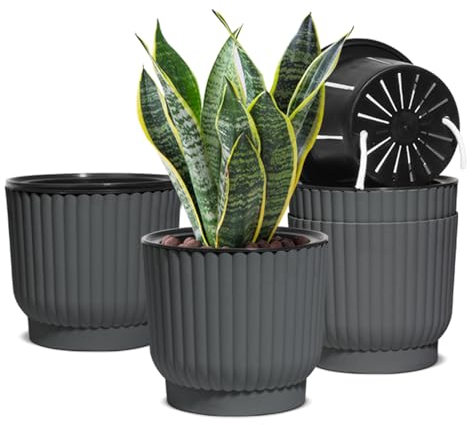 T4U 7 Inch Self Watering Pots for Indoor Plants, 4 Pack Gray Plastic Flower Pots for All House Plants, Flowers, African Violets