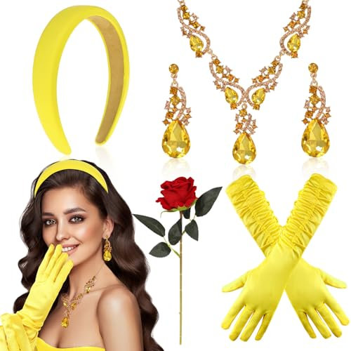 HOWAF Belle Kostüm Damen Mädchen, Prinzessin Krone Haarschmuck, Gelbe Handschuhe, Strass Kristall Halskette Ohrringe Schmuck Set Rose für Prinzessin Kostüm, Halloween Kostüm, Fasching Karneval Kostüm