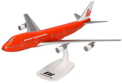 herpa Modellino di aereo Snap-Fit Braniff International Boeing 747-100 Big Pumpkin, miniatura in scala 1:250, pezzo da collezione, modello con base, plastica