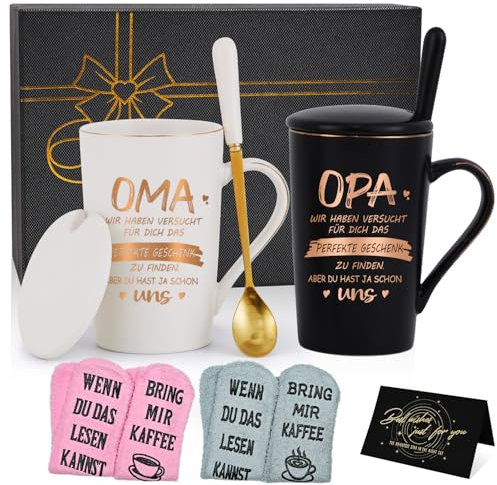 Joymaking Set di tazze da caffè con calzino, tazza regalo per nonno, festa della mamma, festa del papà, Natale, tazza con scritta, idea regalo per nonni, 400 ml, bianco e nero