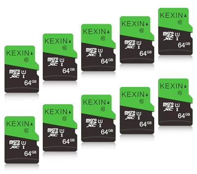 KEXIN 64GB Micro SD Cards SD Adapter 10 Pack MicroSDHC Memory Card Class 10 UHS-I External Micro SD Card TF Card for Tablet, Smartphone, Drone, Dash Cam, Camera, Monitor (64 GB, Black Green)