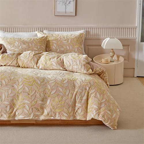 DXHOME Plüsch Bettwäsche Kuschelig 135x200cm Gelb Pflanzen Blätter Mädchen Winter Flauschig Flauschig Microfaser Wende Bettwäsche Bettbezug mit Reißverschluss + 1 Kissenbezug 80x80 cm