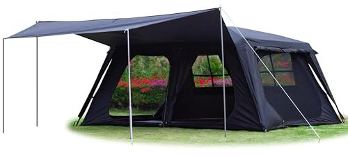 KTT Extra Large Tent 12 Person,Family Cabin Tents,Awning,2 Rooms,4 Doors and 4 Windows with Mesh,Straight Wall,Waterproof,Double Layer,Big Tent for Outdoor,Picnic,Camping,Family Gathering(Black)