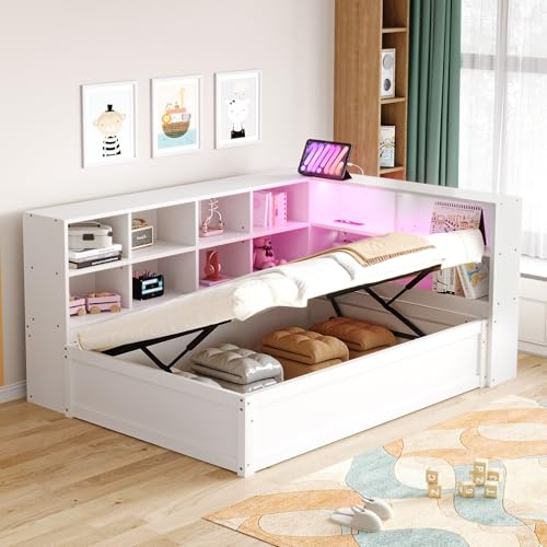 MOBETTRES Schlafsofa, Ausziehbares Bett 90 * 190 mit USB-Steckdose und Mehreren Ablagefächern, Massivholzbett, Einzelbett, Holz-Multifunktionsbett (Weiß - Hydraulisches, 90 * 200)