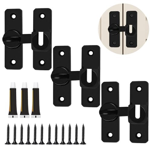3 Set 90/180 Degree Flip Sliding Door Lock Latch,Heavy Duty Flip Barn Door Lock,for Gate External Doors, Garden, Bathroom, Outdoor, Garage, Window,with Screws & Adhesives