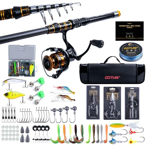Goture Angelset mit Teleskop-Angelruten (24T Carbon), 1,8m Angelrute Set Komplett 5.2:1 Spinnrolle, 150m/14kg Schnur, Köderbox & Tragetasche – für Salz-/Süßwasser, Reisen–Angelgeschenk