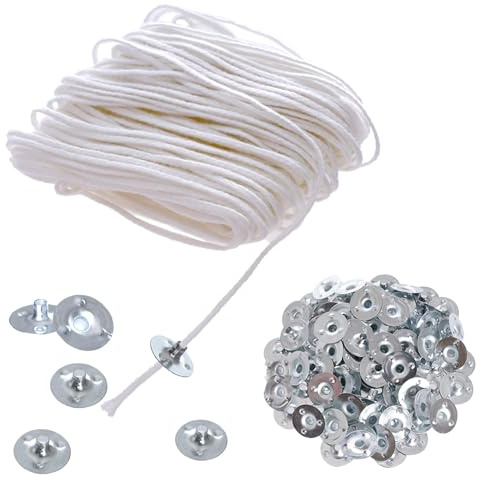 1500cm Docht Kerzendocht, Baumwolle 75 Stränge Kerzendochte mit 100 Stück Metallbasis, für DIY Weihnachten Dicke Kerzen ﻿