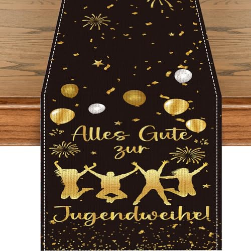 Afritee Alles Gute Zur Jugendweihe Tischläufer, Endlich Erwachsen Party Tischläufer Deko, Schwarz Gold Jugendweihe Küche Esstisch Dekoration 270 X 30 cm
