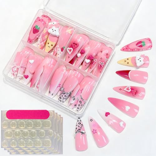 Long Stiletto False Nails, Pink Assorted Designs, 96-Piece Press-On Set | Includes Adhesive Tabs, Nail File And Compartmented Case, Strawberry, Heart And Bow Motifs, For Home Manicures And Parties