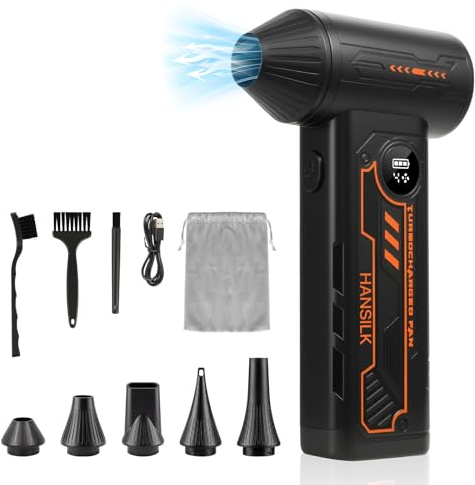 HANSILK Soffiatore ad Aria Compressa Elettrico 150000 RPM con 4 Velocità | Display LED,Compatto e portatile, Batteria Ricaricabile Senza Fili, Rimuovi Polvere per PC Tastiera Auto Casa Ufficio