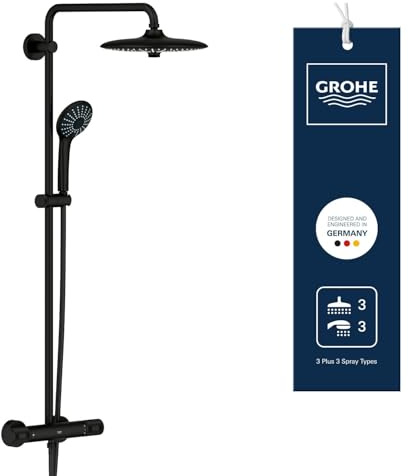 GROHE Vitalio Joy 260, Duschsystem mit Thermostat (wassersparende Regendusche mit 3 Strahlarten, Sicherheitssperre bei 38°C, Duscharmatur inkl. Duschablage, inkl. Werkzeug), mattschwarz, 264032432