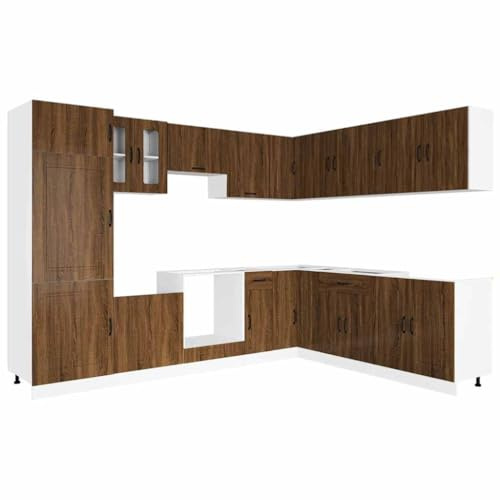 Mhdvray 14-TLG. Küchenschrank-Set Kalmar, Modulare Küchenzeile mit Spülenunterschrank, Hängeschränken & Ofenschrank, Einbauküche für Stauraum, Holzwerkstoff, Braun Eichen-Optik