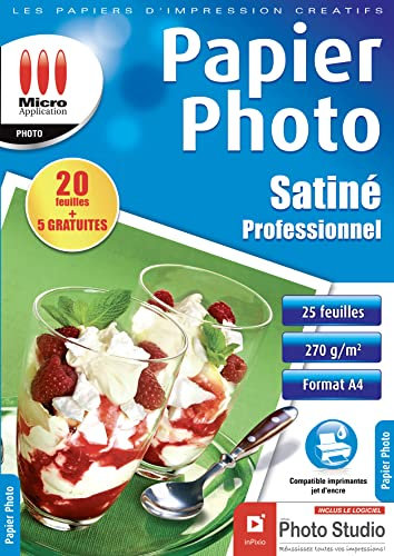 Papier Photo Satinée - 25 Feuilles Papier Photo Professionnelle Effet Satiné, Format A4, 270 g/m², Séchage Rapide, Impressions - 9600 dpi, Compatible Imprimantes Jet d'Encre - Micro Application 5247 Blanc