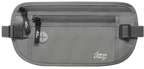 MoKo Reise Bauchtasche, Versteckte Geldgürtel Reise Gürteltasche Tasche Taille für Damen und Herren, wasserdichte Hüfttasche mit Kopfhöreranschluss, Grau
