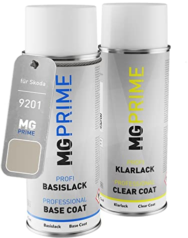 MG PRIME Autolack Sprühdosen Set für Skoda 9201 / Q2 Sahara Beige Metallic Basislack Klarlack Spraydose 400ml