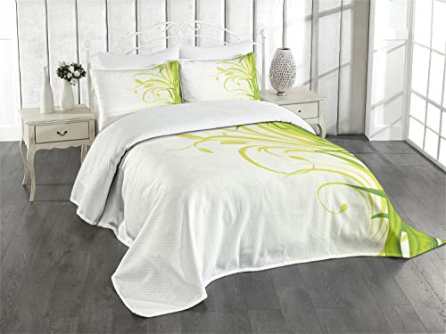 ABAKUHAUS Grün Tagesdecke Set, Feng Shui Garten, Set mit Kissenbezügen Waschbar, für Doppelbetten 264 x 220 cm, Hellgrün
