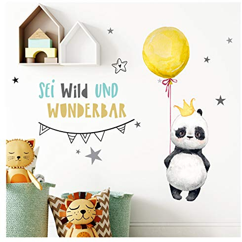 Little Deco Aufkleber Panda mit Spruch Sei wild I L - 144 x 90 cm (BxH) I Luftballon Krone Wandbilder Wandtattoo Kinderzimmer Tiere Deko Babyzimmer Kinder Sticker DL201
