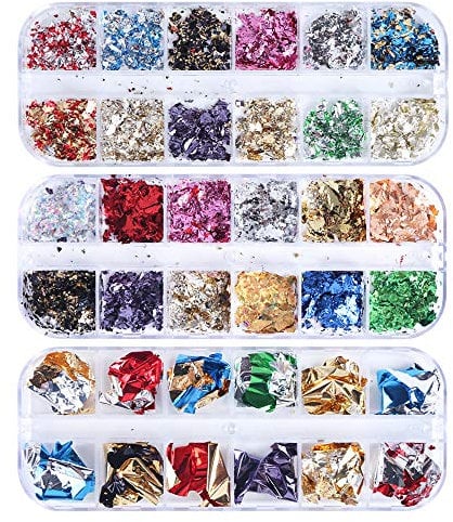 3 Boxes Color Foil Nail Art Chip Glitter Gold Silver Nail Foil for Nail Art Design Decoration 36 Grids