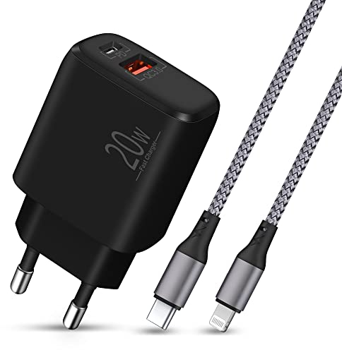 Cargador iPhone LUOSIKE, Cable Trenzado de Nailon Lightning de 2m con Enchufe USB C de Carga Rápida de 20W, Adaptador Corriente con Tipo C y A Compatible con iPhone 14/13/12/11/Pro/Max/SE/XR/XS, iPad