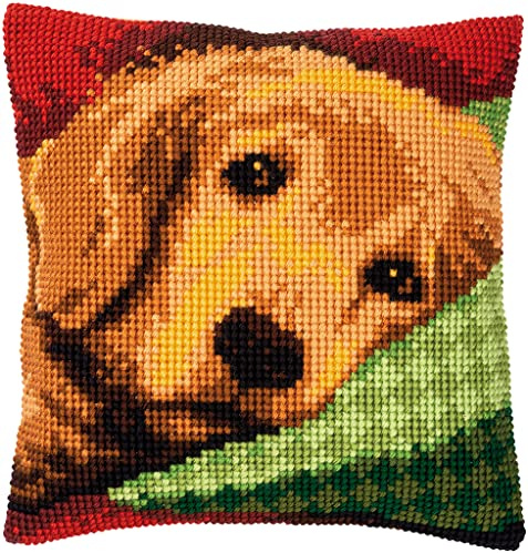 Vervaco Kreuzstich Stickpackungen Kissen Stickerei Set Anfänger Vorgedruckt Schläfriger kleiner Hund DIY Set Kreativ Set Für Erwachseneca. 40 x 40 cm Bastelset Handwerker Haus Dekoration