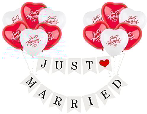 Just Married Deko Set Rot Weiß Just Married Girlande Deko Banner mit 12 Pcs Herz Luftballons Just Married Latex Ballons (10 Zoll) Hochzeitsdeko Geschenk für junge Ehepaar usw.