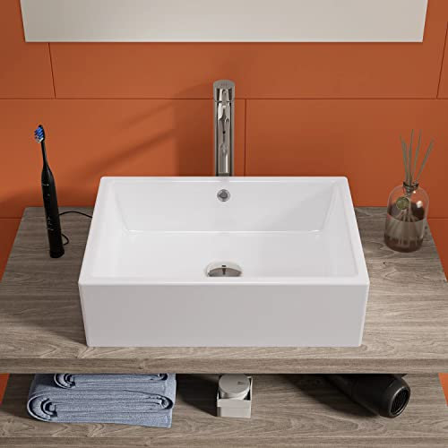 Lavabo da Appoggio Con Troppo Pieno 51x36x15 cm Rettangolare in Ceramica Bianco Lucido per Mensole da Bagno Sospese