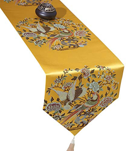 EHOMERY Geburtstag Tischdeko, Tischband Crash Gelb Retro Vögel Blumen Tischläufer Polyester 33x210CM