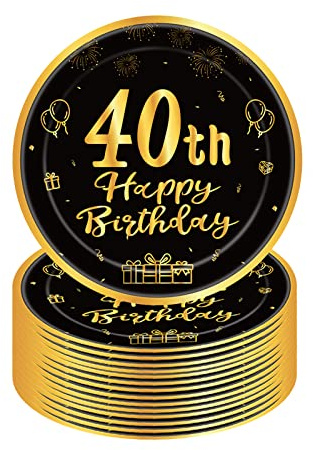 Happy 40th Birthday Paper Plates, 9” Black & Gold, 16 Pcs Disposable Tableware for Him & Her 40th Birthday Party Supplies
