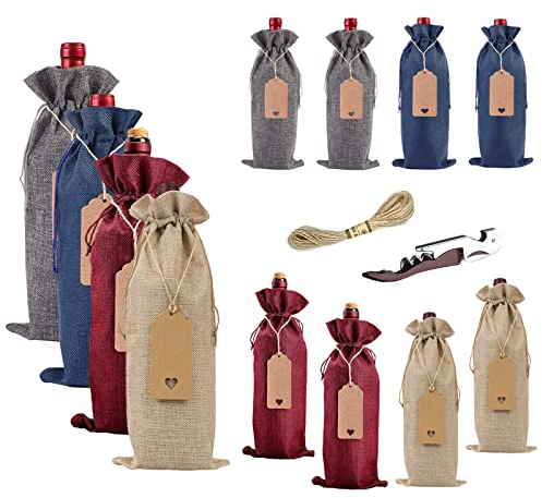 Penubuy 12 sacs à vin en toile de jute avec cordon de serrage, sacs à vin réutilisables pour fournitures de fête (quatre couleurs)