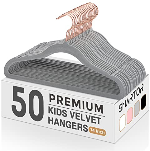 Smartor Kids Velvet Hangers 50 Pack, 14 Inch Premium Non Slip Kids Felt Hangers for Closet, Space Saving Toddler Clothes Hanger for Youth's Childrens' Clothes (Rose Gold Hook)- Grey