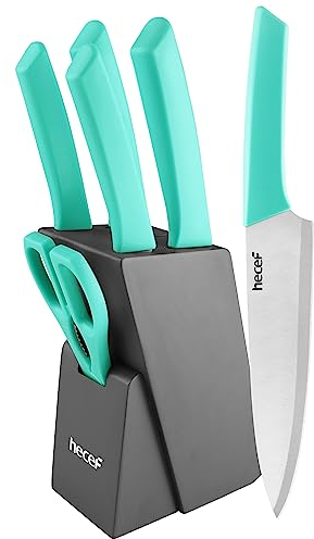 hecef Cuchillos Cocina, 7 Piezas Juego de Bloques Cuchillos Cocina con Hoja de Acero Inoxidable y Mango Ergonómico, Set de Cuchillos Cocina para Picar, Rebanar, Cortar en Dados y Cortar (Verde)