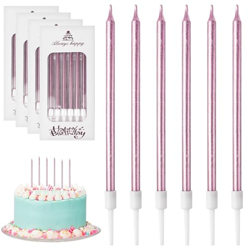 DONQL Birthday Cake Candles, Long Pink Birthday Candles with Holders (24Pcs)