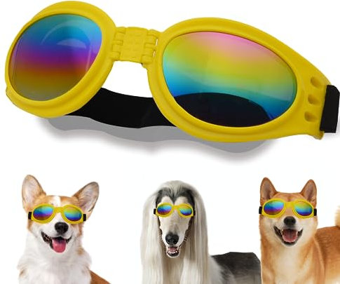 Hundebrille, UV-Schutz, Brille mit verstellbarem Riemen für kleine Hunde, Sommerdekoration für Haustiere (gelber Rahmen)