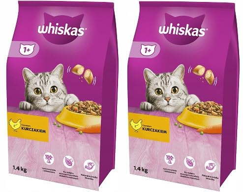 Whiskas Adult 1+ Katzentrockenfutter mit Huhn, 2 Beutel, 2x1,4kg – Hochwertiges Trockenfutter für ausgewachsene Katzen ab 1 Jahr- unterschiedliche Produktverpackungen erhältlich