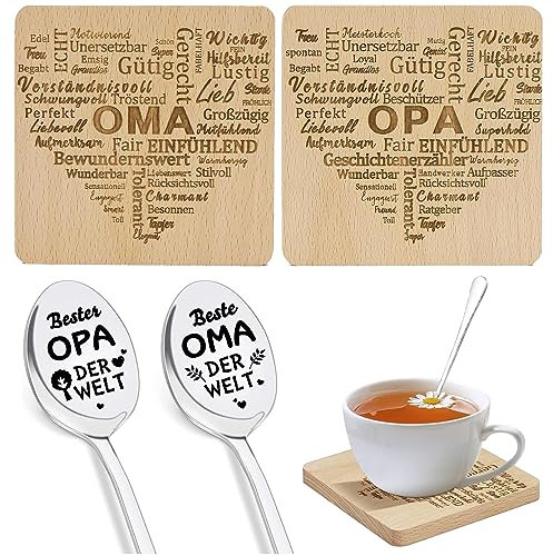 Oma und Opa Geschenke - Kaffeelöffel Mit Gravur, 2 Stück Untersetzer Holz, Beste Opa Oma Der Welt - für Thanksgiving, Weihnachten, Neujahr, Geburtstagsgeschenke