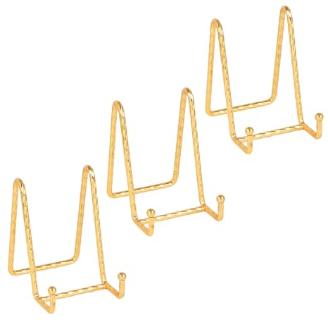Plate Holder Easel Display Stand - 4.5 Inch Twisted Metal Wire Plate Stands - Picture Frame Stand - Tabletop Easels for Display Decorative Plates | Pictures | Books | Photo | Plaque - 3 Pack - Gold