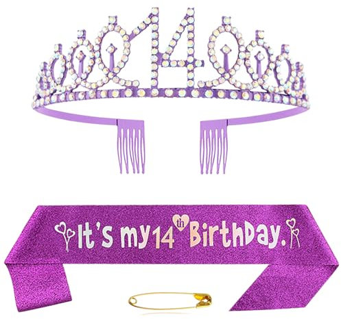 14. Geburtstag Schärpe Und Tiara Krone Lila Kristall Geburtstagkrone Set Lila Geburtstagskrone Schärpe Deko Birthday Crown für Mädchen Frauen Birthday Party Accessoires Geburtstagsdeko 14