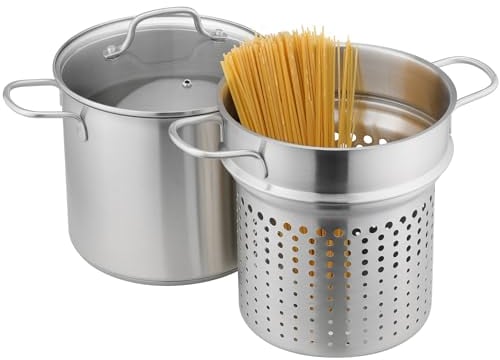 Navaris Cuiseur pates - Faitout induction acier inoxydable de 5,7L pour cuisson des pâtes - Casserole pates avec passoire et couvercle résistance à une température de 180 °C