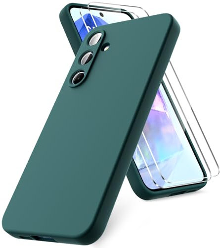 Vansdon Cover Compatibile con Samsung Galaxy A55 5G, 2 Pellicola Protettiva in Vetro Temperato, Gomma Gel di Silicone Liquida Antiurto Custodia - Verde Notte