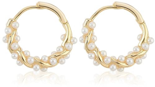 Mabor Creolen Perlen Ohrringe Gold,Creolen Gold mit Perle mit Twist für Damen Teenager Und Mädchen Goldfarbene Geometrischer Twist Hochzeit Schmuck Geschenke für Freunde
