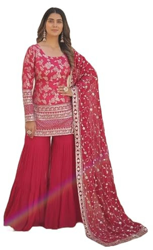 ETHNIC EMPORIUM Indiana Donna Organza Viscosa Jacquerd Paillettes & Zari lavoro ricamato Pakistani Suit Set 4658, Rani rosa., taglia unica