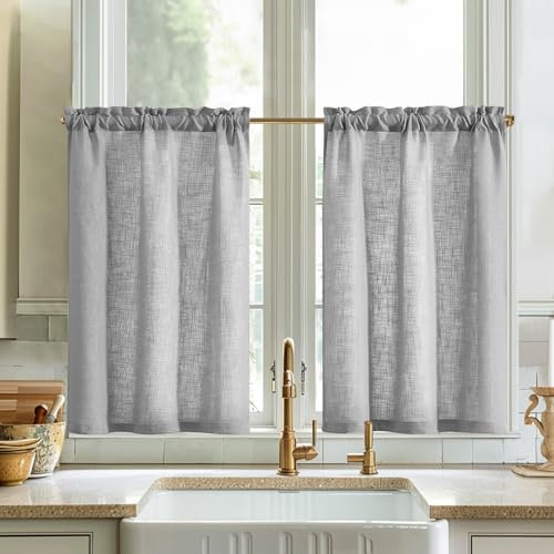 Vangao Scheibengardine Leinen Bistrogardine Küche Einfarbig Modern Vorhänge Halbtransparent Paarig Schals Küchengardinen mit Kräuselband für Wohnzimmer Landhaus Kleine Fenster 2er-Set 65x90cm Grau