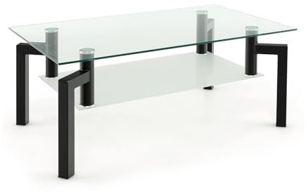 LIFEZEAL Glas Couchtisch, Wohnzimmertisch mit Ablage, Rechteckiger Kaffeetisch Teetisch aus gehärtetem Glas, Sofatisch für Büro, Wohnzimmer, 100 x 60 x 43 cm