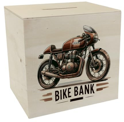 Cafe Racer Motorrad Spardose aus Holz mit Spruch Bike Bank Cafe-Racer in Braun Retro Design