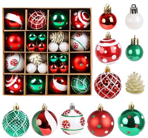 SULOLI 44 Pezzi Palline di Natale,Accessori Decorazioni Albero di Natale,Addobbi Palline per Albero di Natale (Verde-Bianco-Rosso)