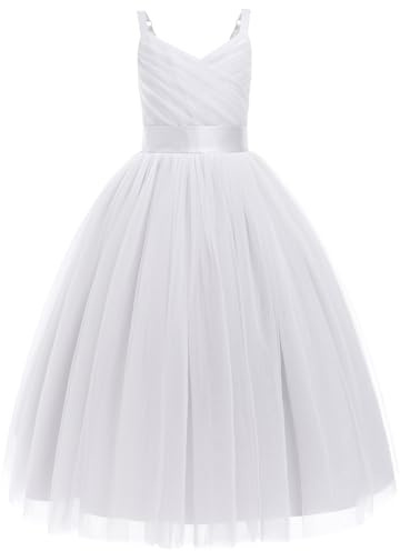 Flower Girls Princess Pleated Long Dress Wedding Bridesmaid Prom Ball Gown Dresses Embroidered Floral Lace Elegant V Neck Dress