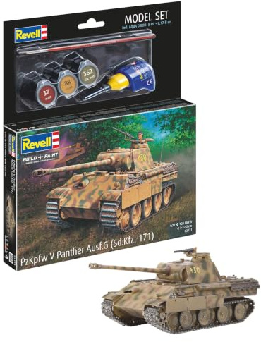 Revell Modellbausatz Panther Ausf. G | Meistproduzierte Variante des PzKpfw V Panther | Maßstabsgetreu mit feinen Oberflächenstrukturen, drehbarem Turm & Spritzgusskette | Inkl. Kleber und Pinsel